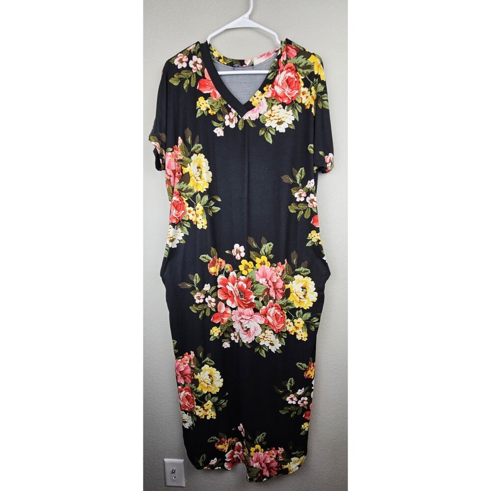 Bombom Women's Small Black Floral Dress W/ Pockets Slit Soft V-Neck